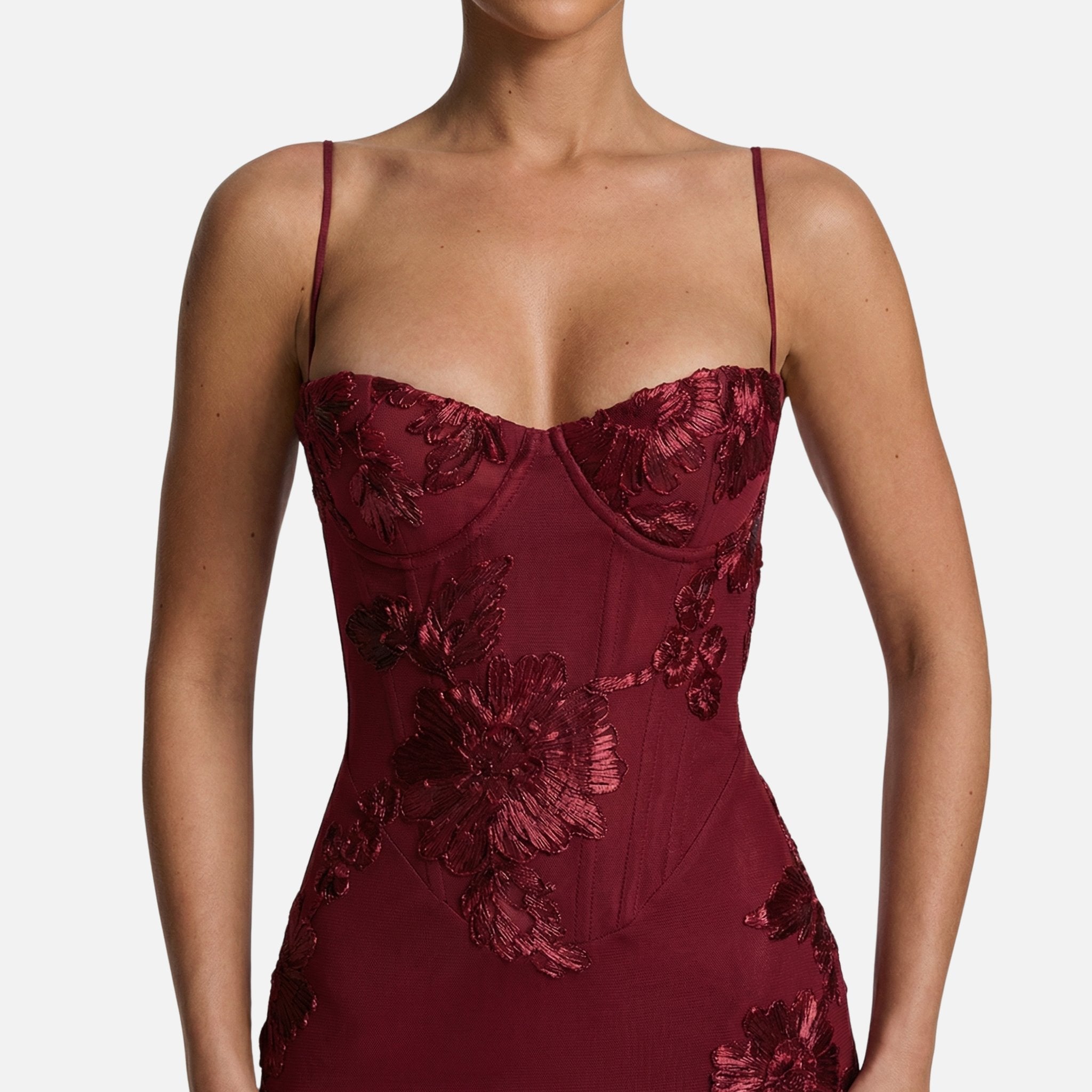 Abito lungo in satin aderente con corpetto a corsetto