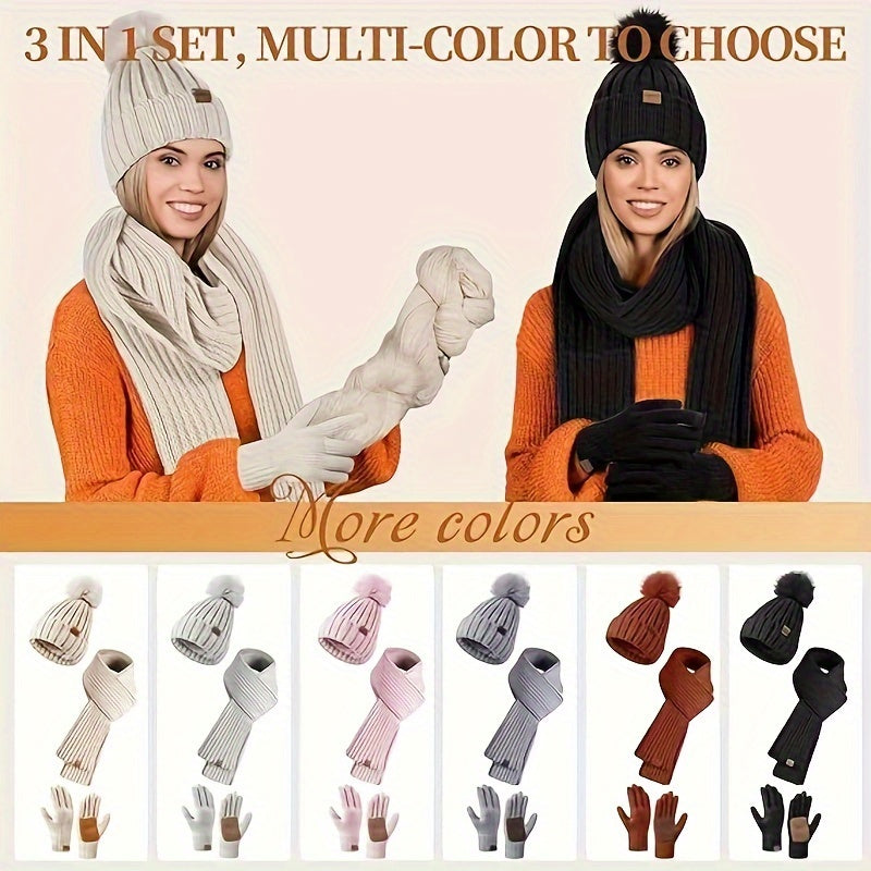 Winter Knit Hat Scarf Gloves Set  Touchscreen Compatible 3-Piece - Detailed view