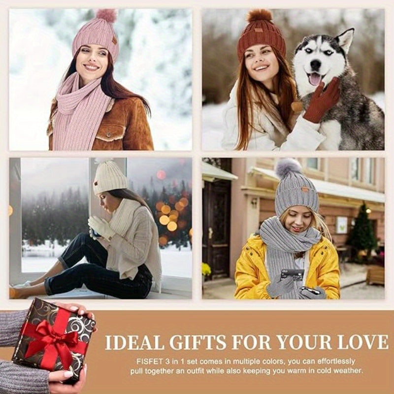 Winter Knit Hat Scarf Gloves Set  Touchscreen Compatible 3-Piece - Product example