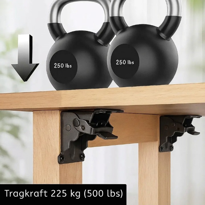 Skládací držáky s automatickým zámkem 90° – sada 2 kusů, do 225 kg, instalace za 5 minut