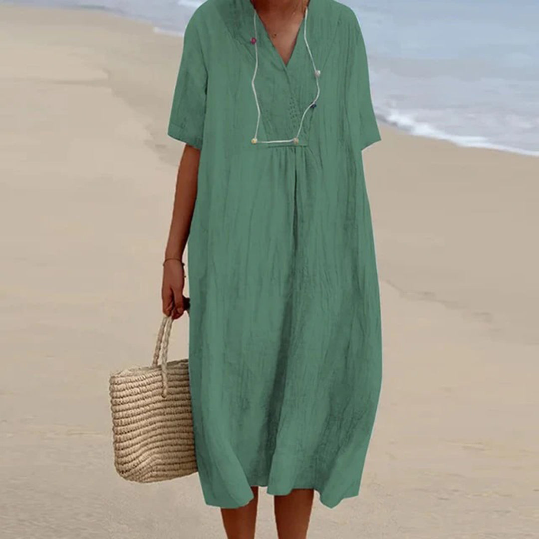 Summer Linen Midi Dress  V-Neck Loose Fit Design - Product detail 6