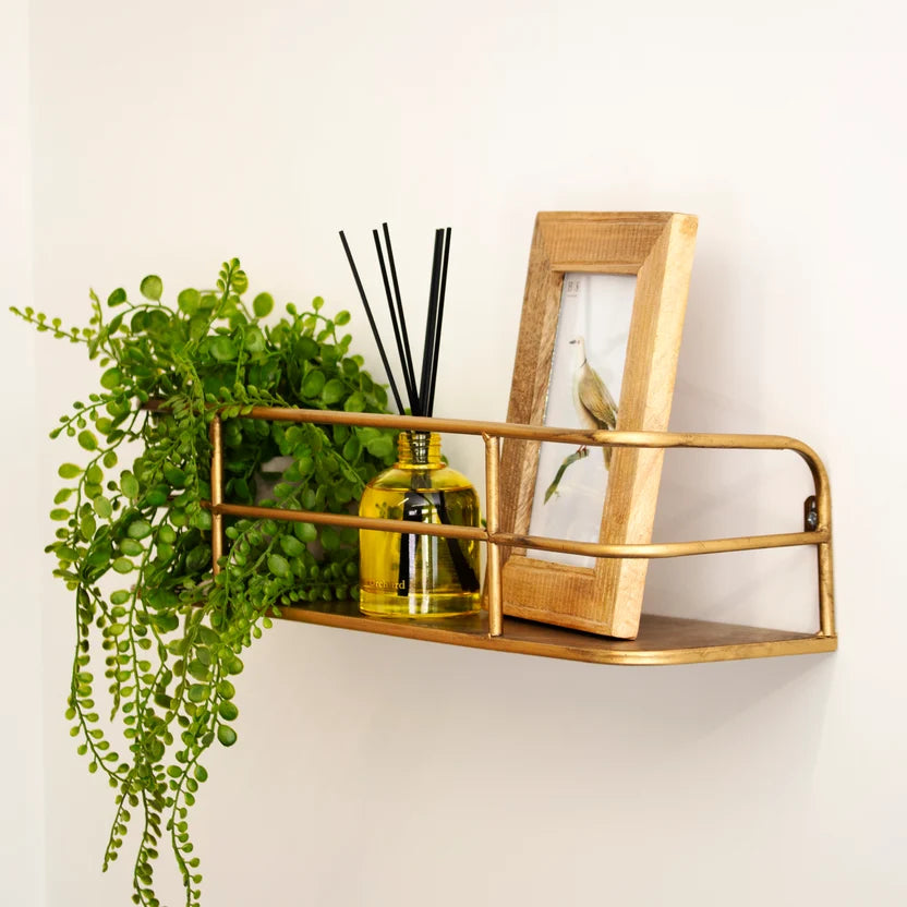 Industrial Gold Metal Shelving Unit | Open Storage Display Rack | Multi-Tier Steel Frame Design | Living Room Office Storage