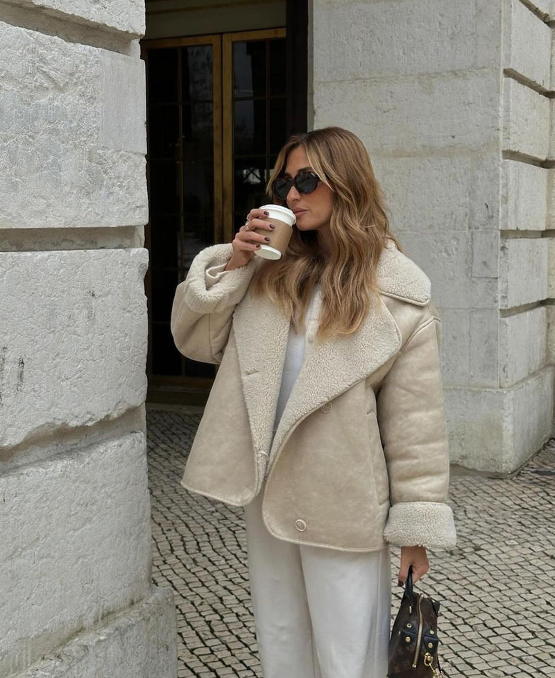Women's Vegan Leather Jacket | Faux Shearling Lining & Relaxed Fit