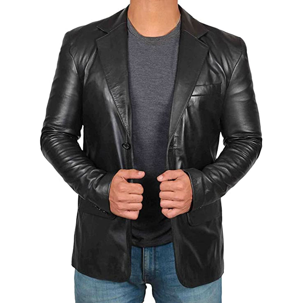 Premium Leather Blazer  Modern Cut Black Lambskin - Product showcase