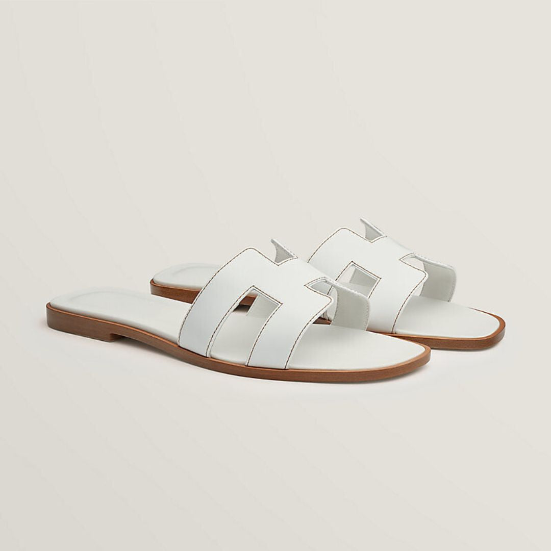 Classic Leather Sandals  White Cut-Out Design With Wooden Sole - Product showcase