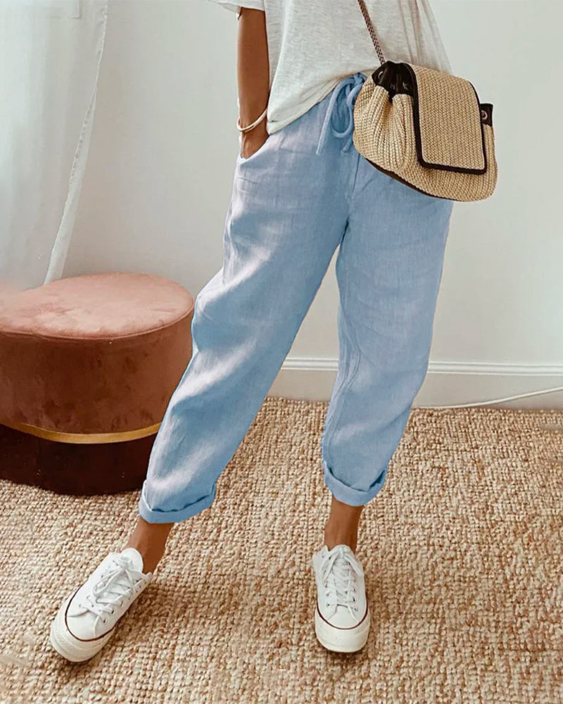 Pantaloni da donna in lino con vita elasticizzata