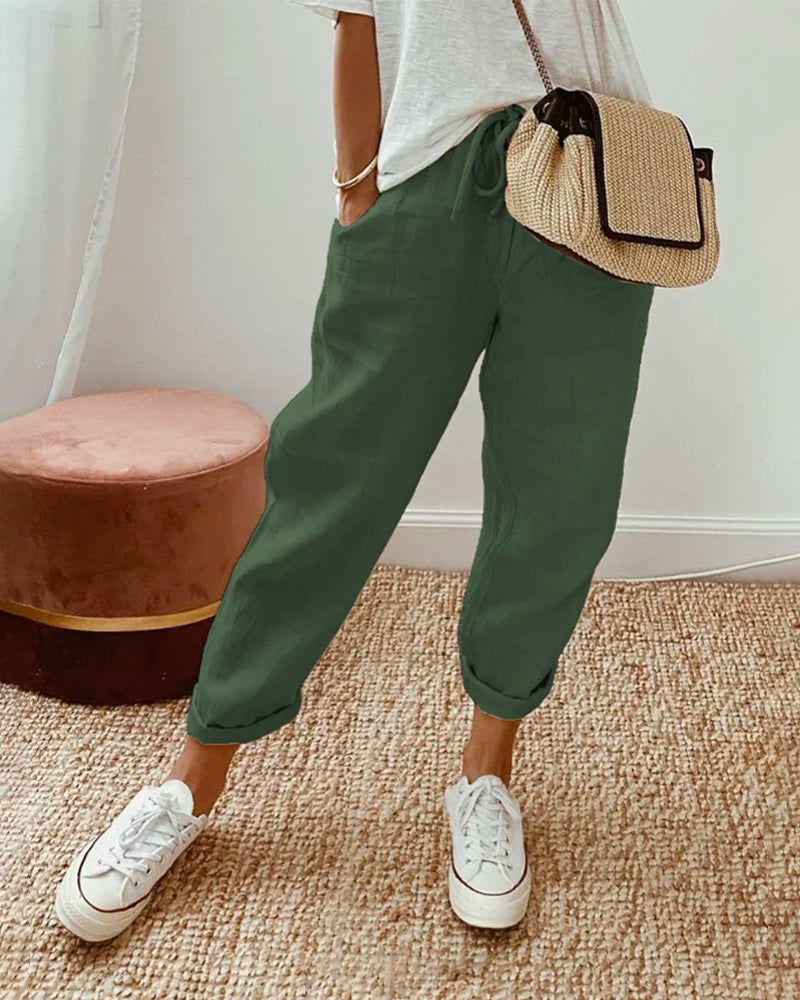Pantaloni da donna in lino con vita elasticizzata