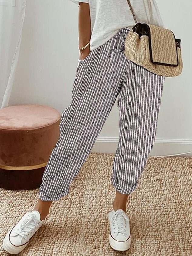 Pantaloni da donna in lino con vita elasticizzata