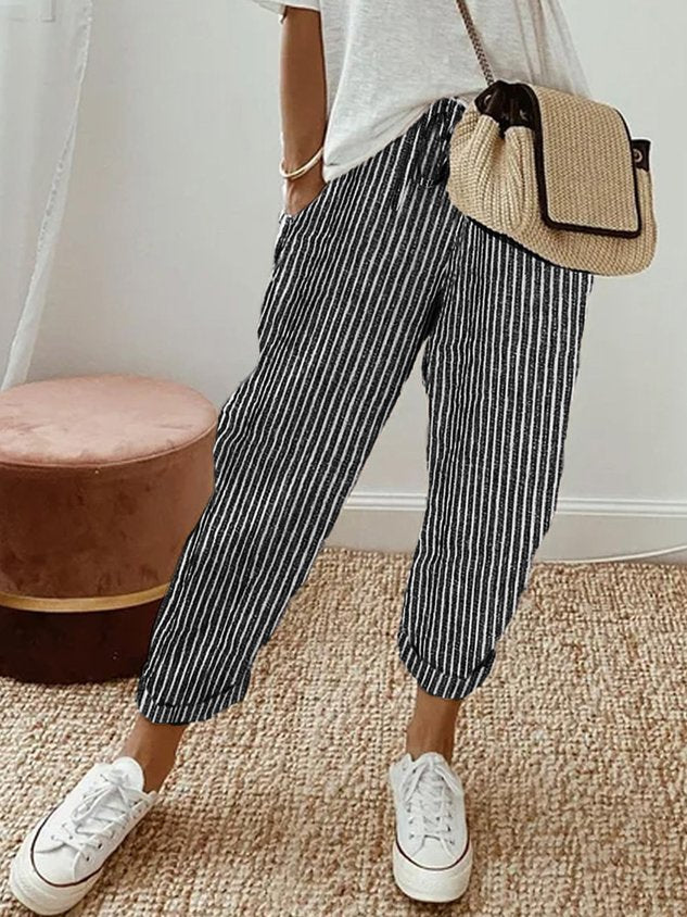 Pantaloni da donna in lino con vita elasticizzata