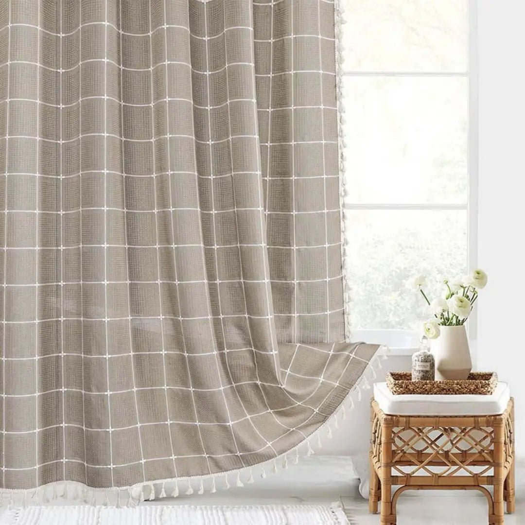 Linen Shower Curtain  Boho Tassel Farmhouse Design - Product showcase