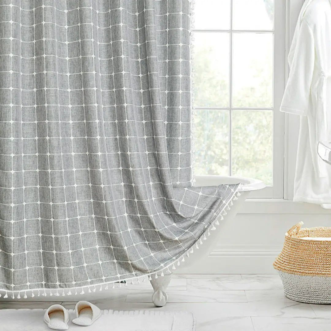 Linen Shower Curtain  Boho Tassel Farmhouse Design - Detailed view