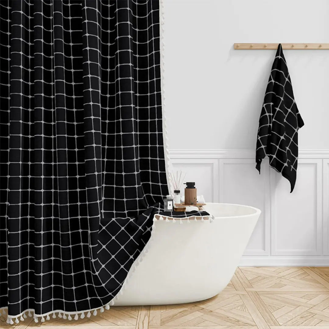 Linen Shower Curtain  Boho Tassel Farmhouse Design - Product example