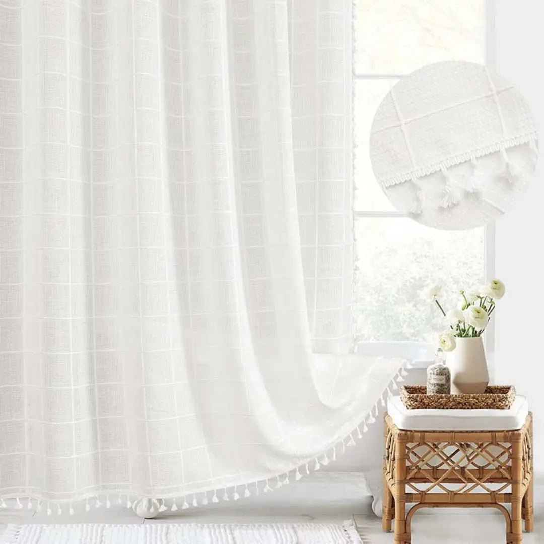 Linen Shower Curtain  Boho Tassel Farmhouse Design - Product detail 4