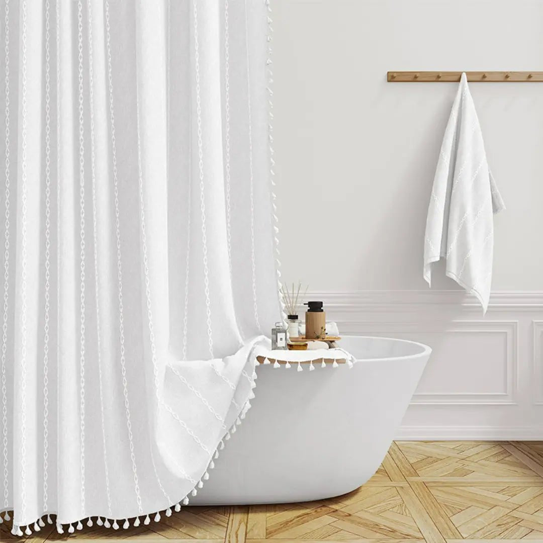 Linen Shower Curtain  Boho Tassel Farmhouse Design - Product detail 6