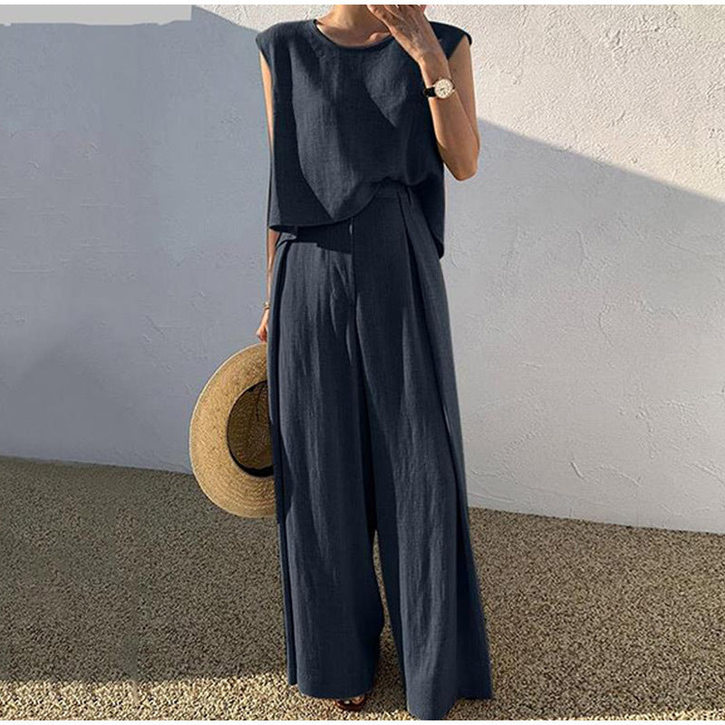 Completo donna in lino con pantaloni a gamba larga e top