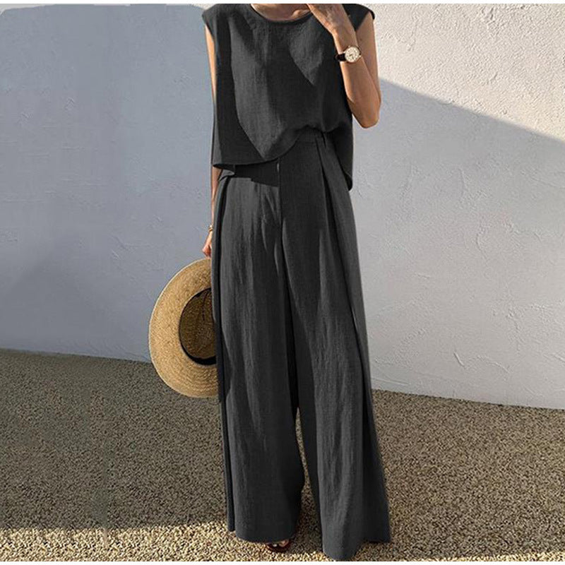 Completo donna in lino con pantaloni a gamba larga e top