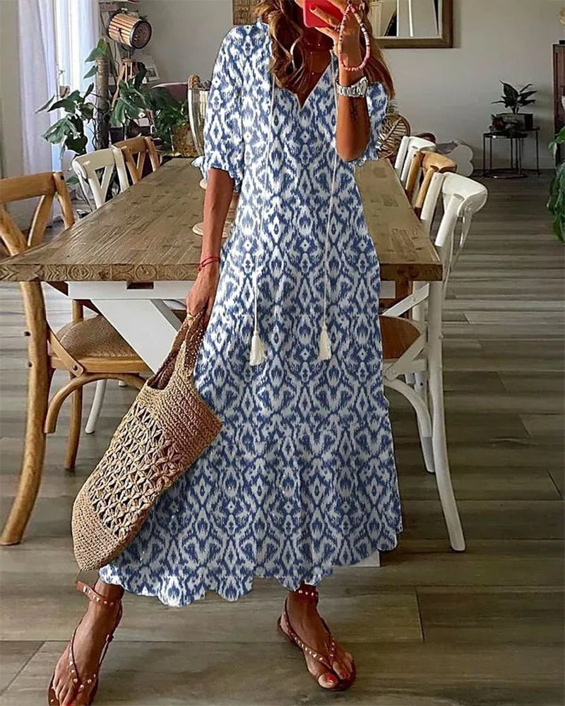 Boho midi šaty s výstřihem do V