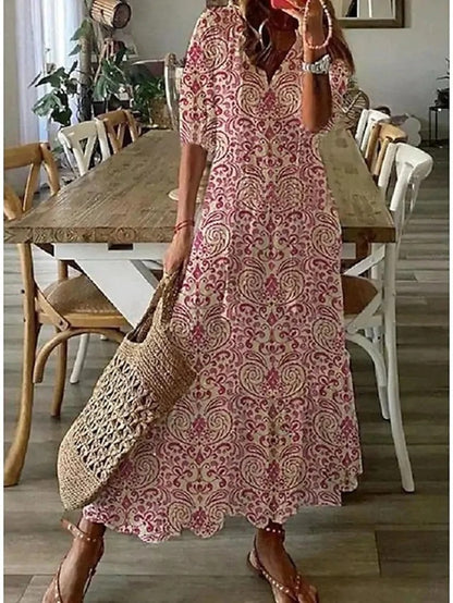 Boho midi šaty s výstřihem do V