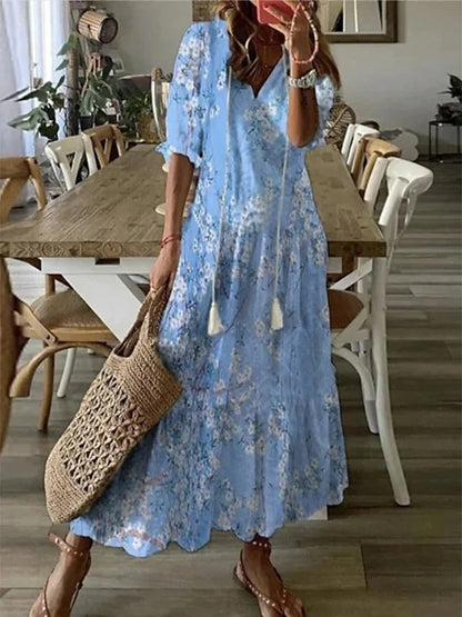 Boho Midi Dress with V-Neck