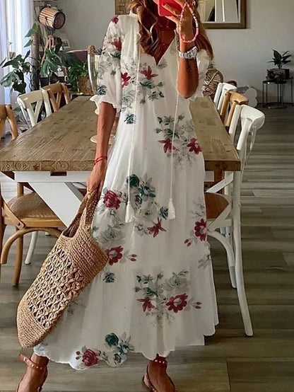 Boho midi šaty s výstřihem do V