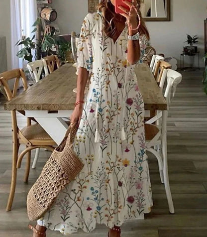 Boho midi šaty s výstřihem do V