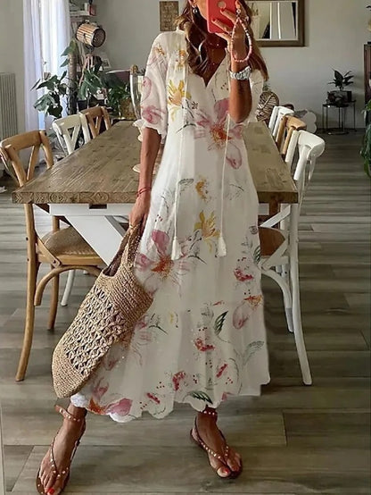 Boho midi šaty s výstřihem do V