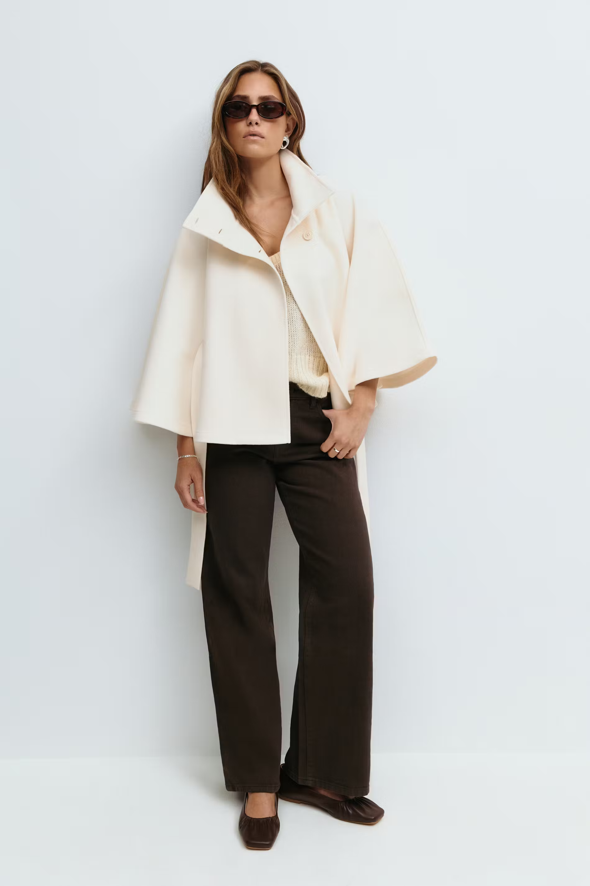 Womens Cape Coat  High Collar Button Front Design - Detailed view
