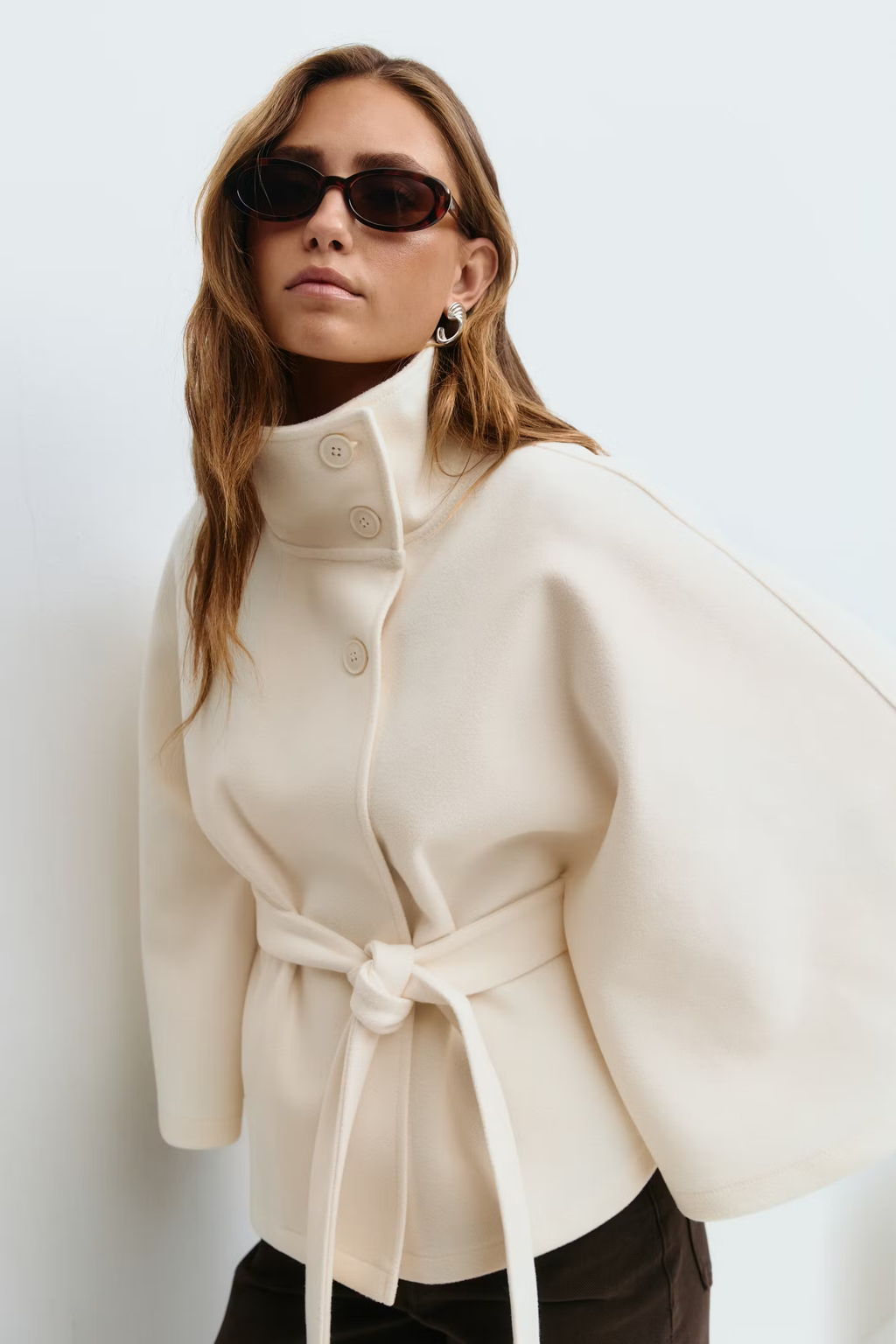 Womens Cape Coat  High Collar Button Front Design - Product example