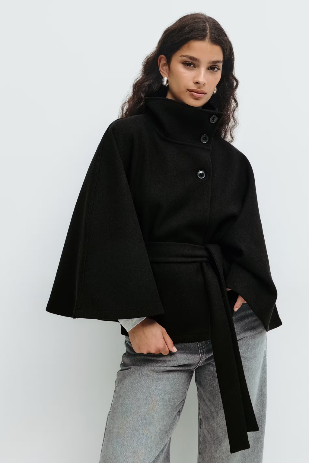 Womens Cape Coat  High Collar Button Front Design - Product detail 6