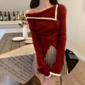 Women's Red Off-Shoulder Knit Sweater – Slim Fit Gothic Y2K Style