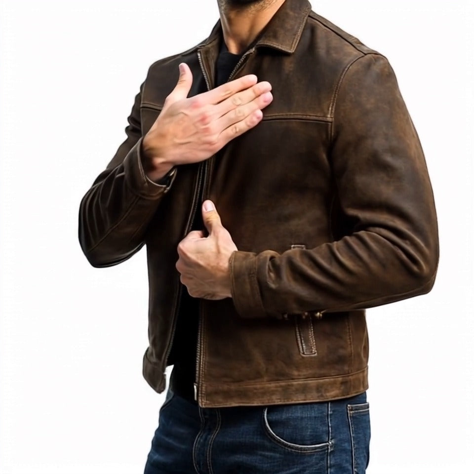 Brown leather jacket worn by a person on a white background