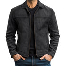 Black suede jacket worn by a person on a white background