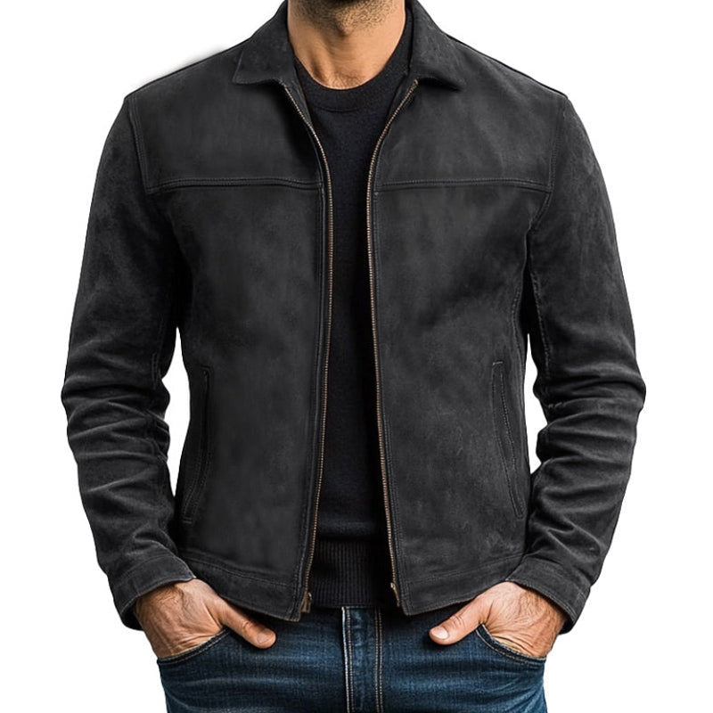 Black suede jacket worn by a person on a white background