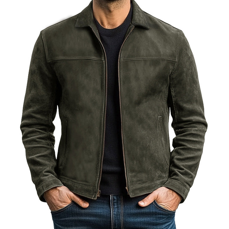 Green suede jacket worn by a person on a white background