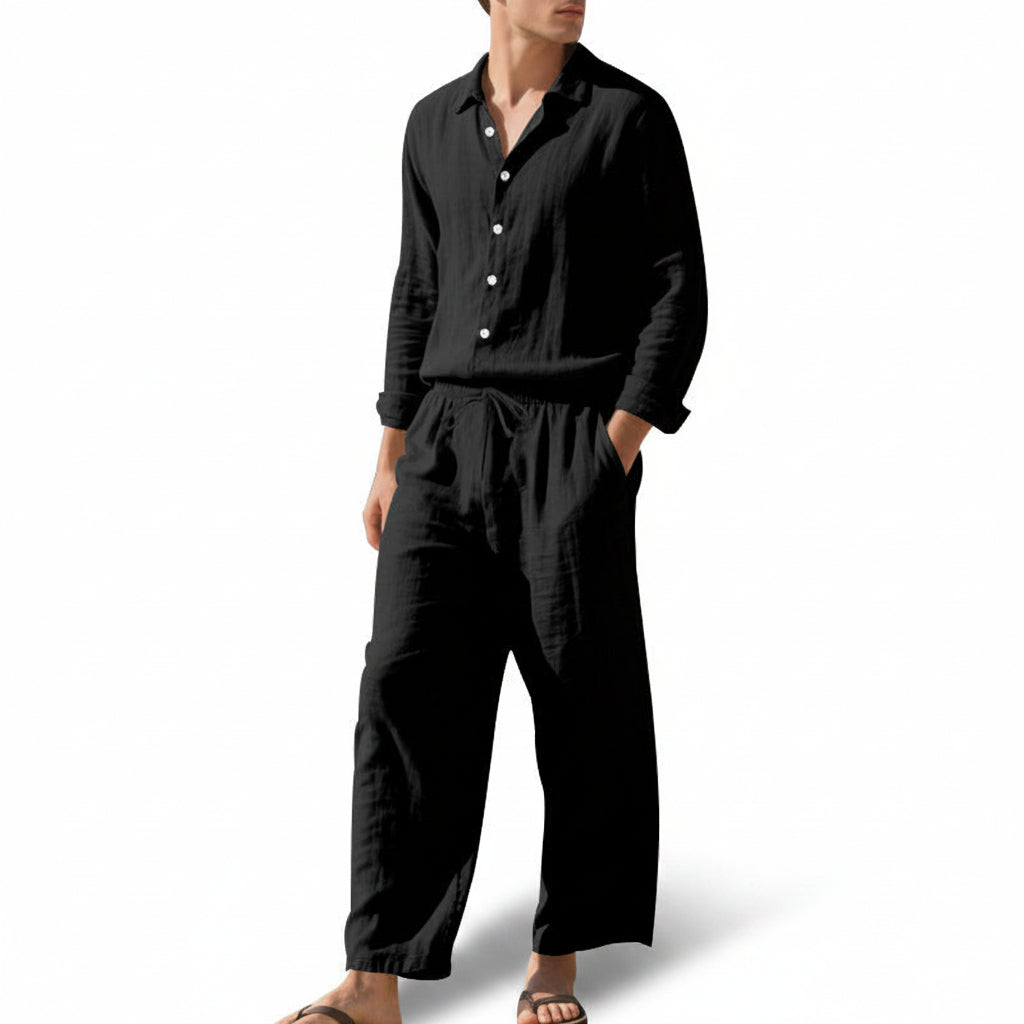 Men's Linen Blend Shirt Trousers Set Relaxed Fit 0