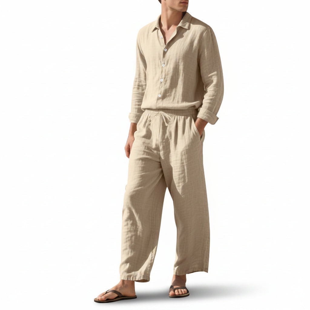 Men's Linen Blend Shirt Trousers Set Relaxed Fit 2