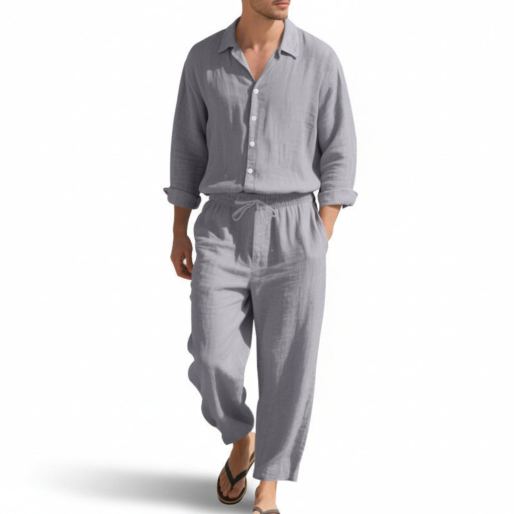 Men's Linen Blend Shirt Trousers Set Relaxed Fit 4