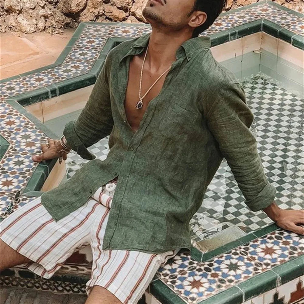 Men's Loose-Fit Long Sleeve Linen Shirt 3