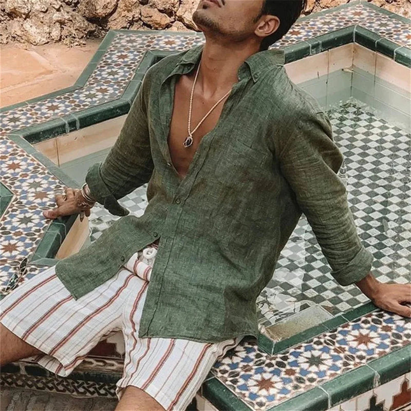 Men's Loose-Fit Long Sleeve Linen Shirt 3
