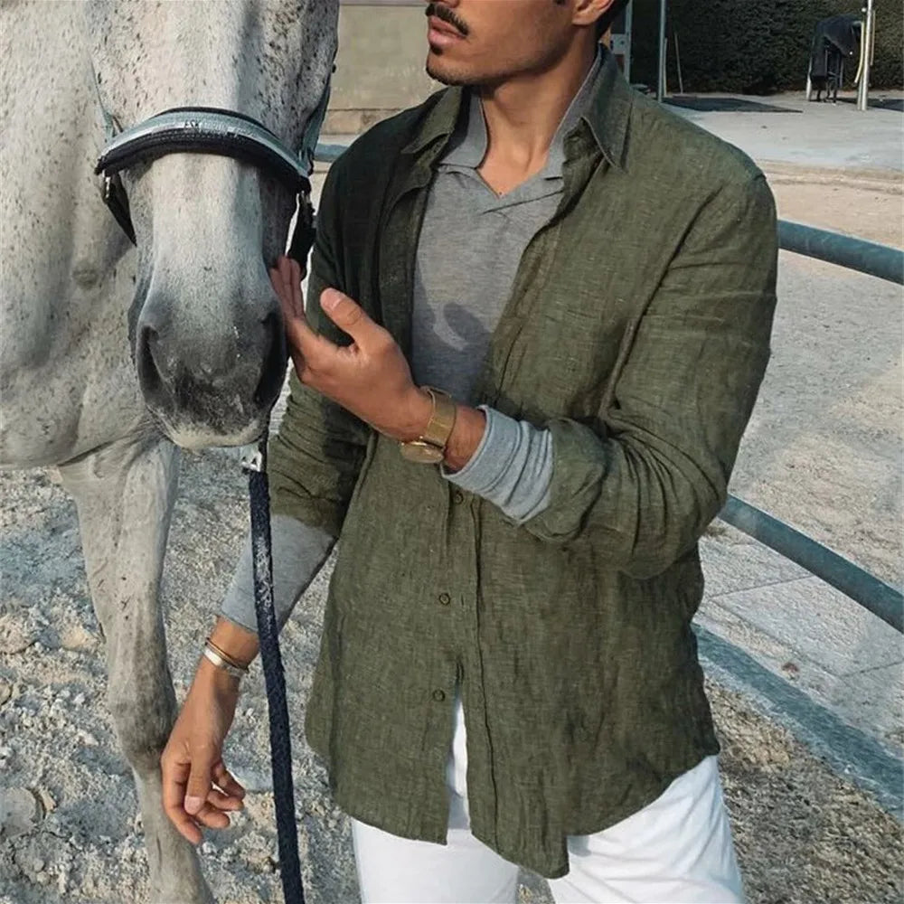 Men's Loose-Fit Long Sleeve Linen Shirt 4