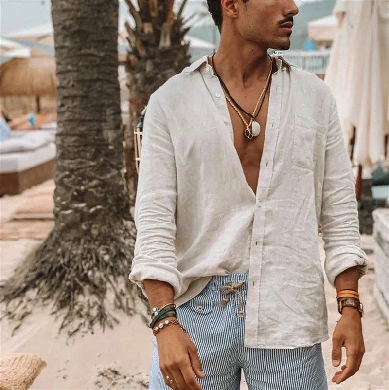 Men's Loose-Fit Long Sleeve Linen Shirt 5