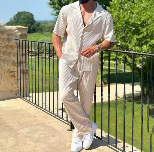 Men's Pleated Shirt and Trousers Set for Summer Style 0