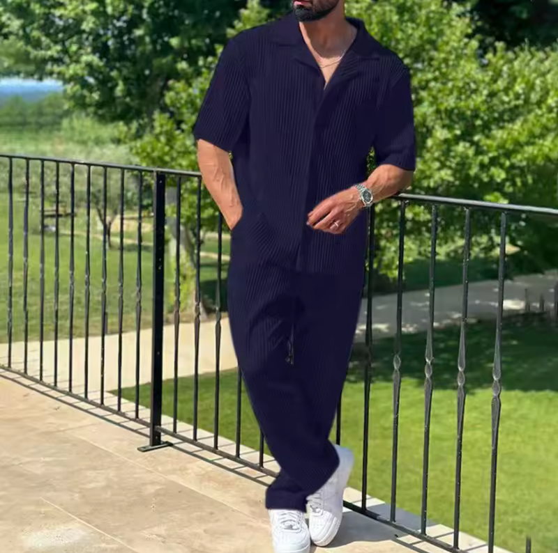 Men's Pleated Shirt and Trousers Set for Summer Style 2