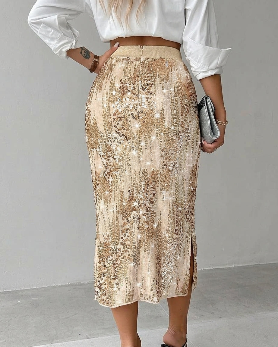 Midi Skirt High Waisted Sequin Pencil Fit 2