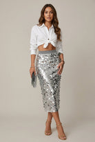 Midi Skirt High Waisted Sequin Pencil Fit 4
