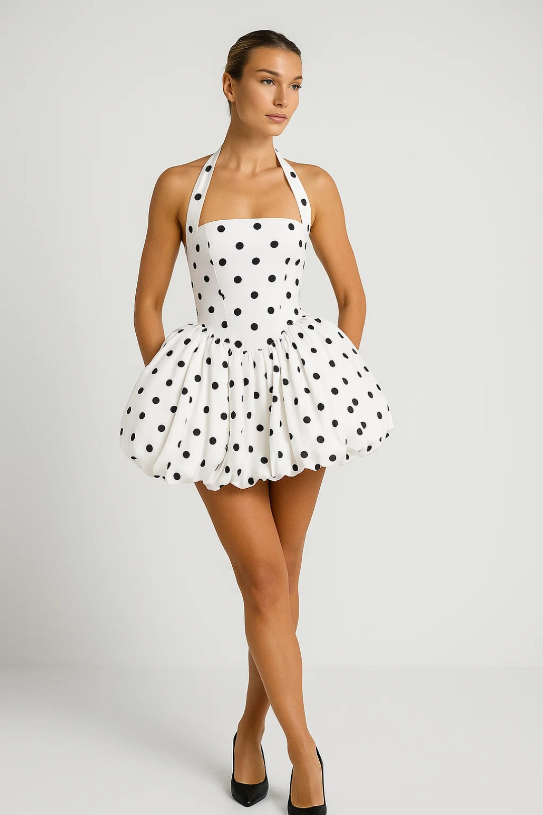 Halterneck Mini Dress with Voluminous Skirt | Vintage Style Party Dress for Women | Fit and Flare Sleeveless Occasion Wear