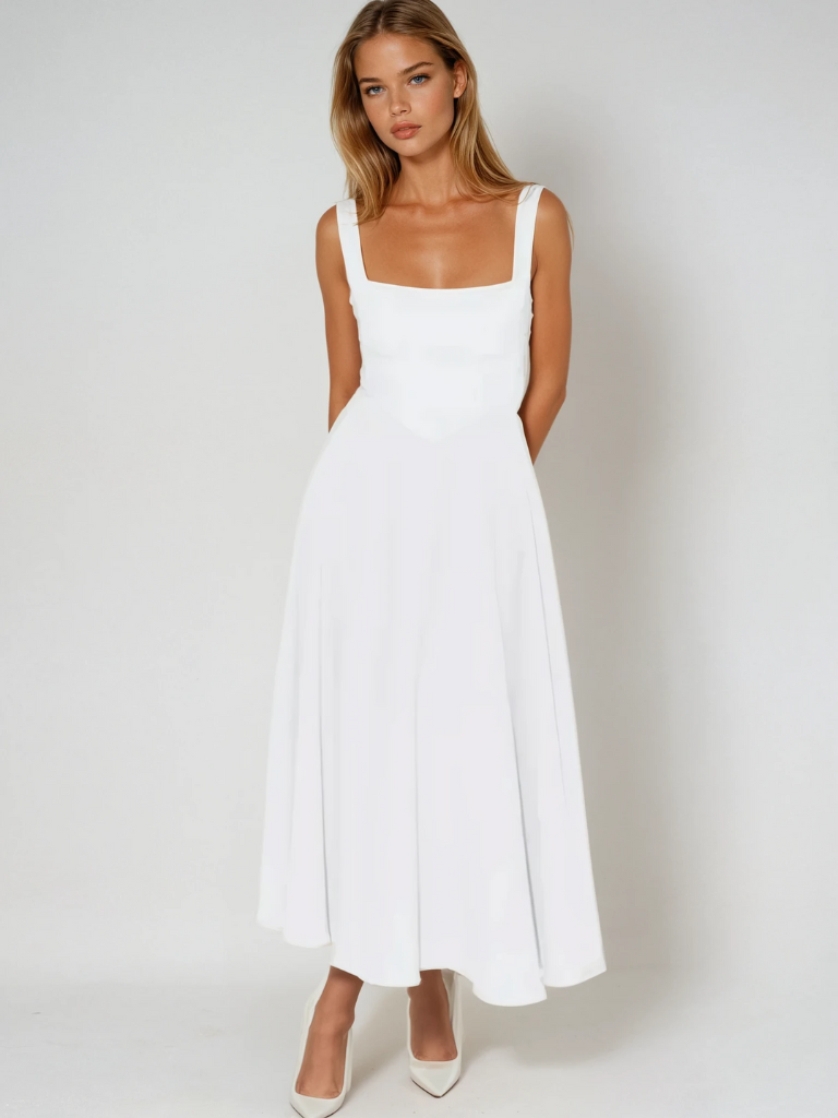 Elegantní midi šaty s hranatým výstřihem
