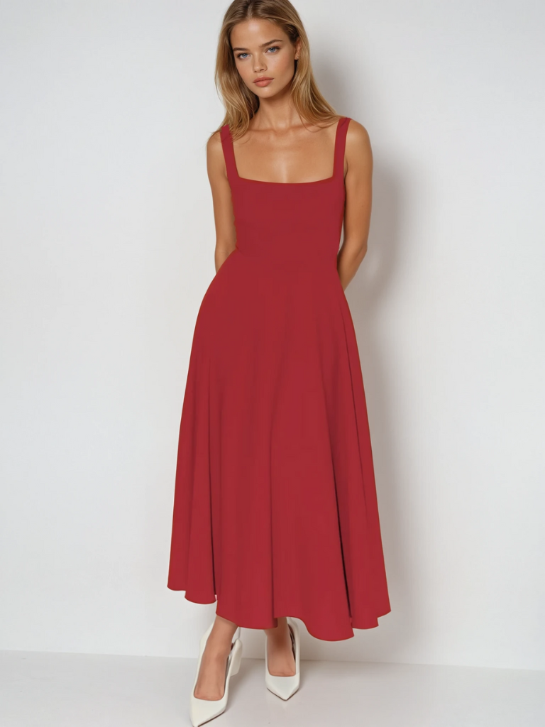 Elegantní midi šaty s hranatým výstřihem