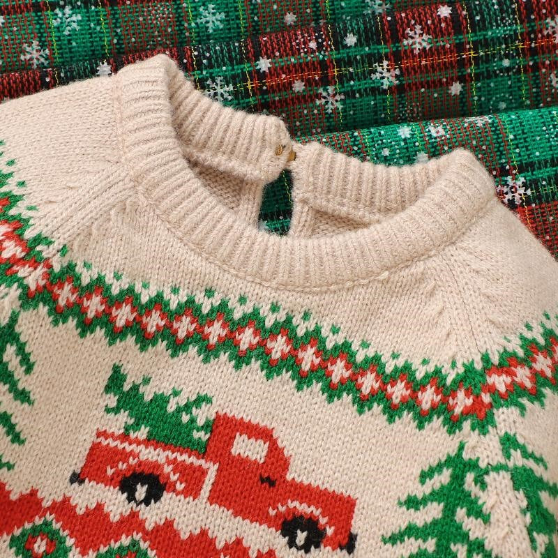 Baby Boy Christmas Sweater – Khaki Reindeer and Christmas Tree Knit Pullover