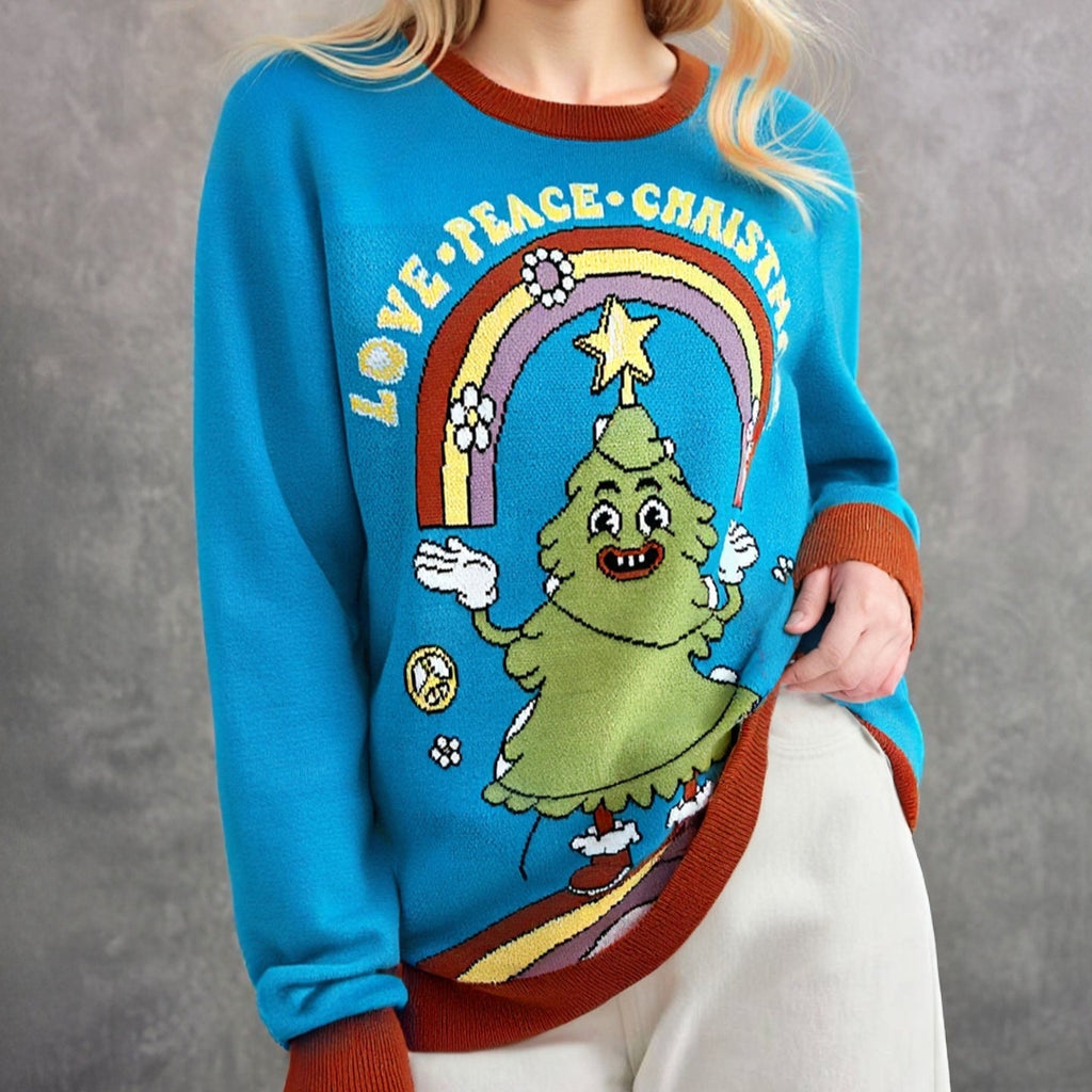 Funny Christmas Tree Sweater – Peacock Blue Cartoon Tree Graphic Pullover